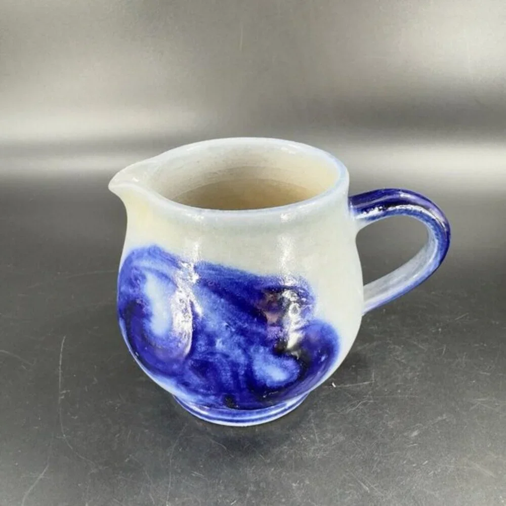 Vintage‎ German Salt Glaze Cobalt Blue Gray Small Pitcher Creamer With Stickers